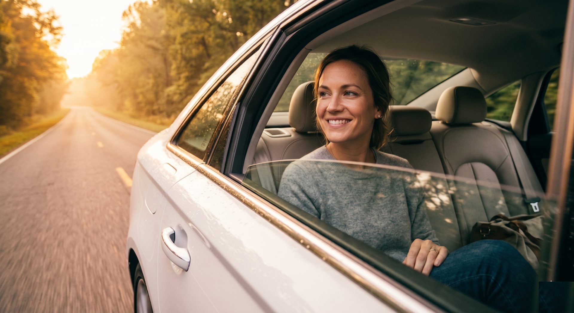 Passenger smiling, looking out an open car window at golden-hour sunlight