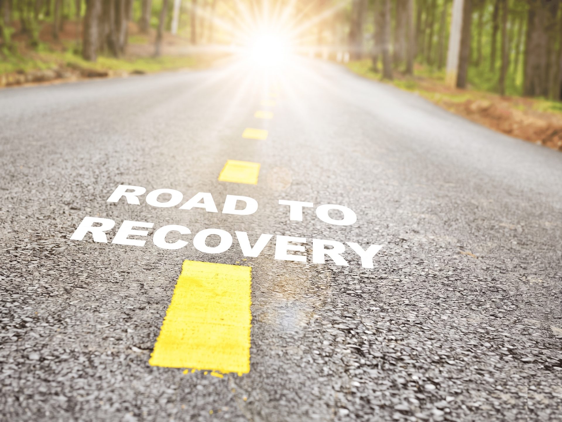 Road to recovery — sunlit road through trees