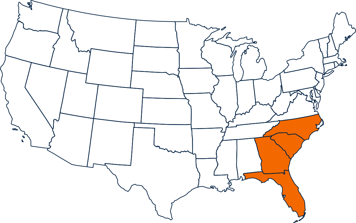 Service area map highlighting NC, SC, GA, FL